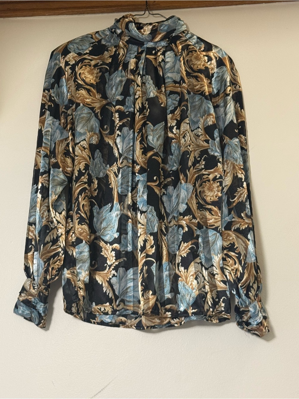 Baroque Scroll Print High-Neck Satin and Sheer Blouse 1980s Vintage